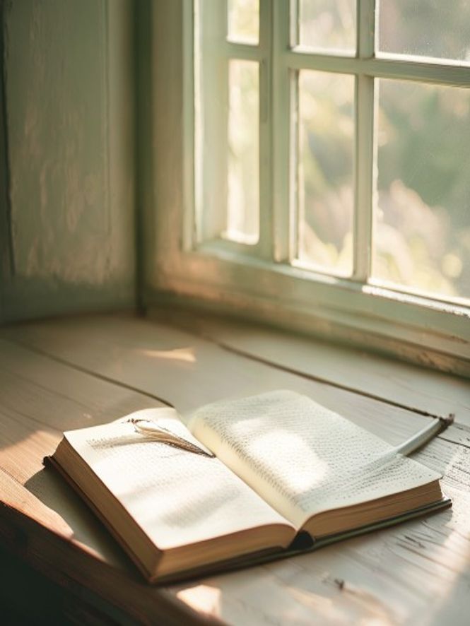 Open journal on a wooden desk with pen and morning light